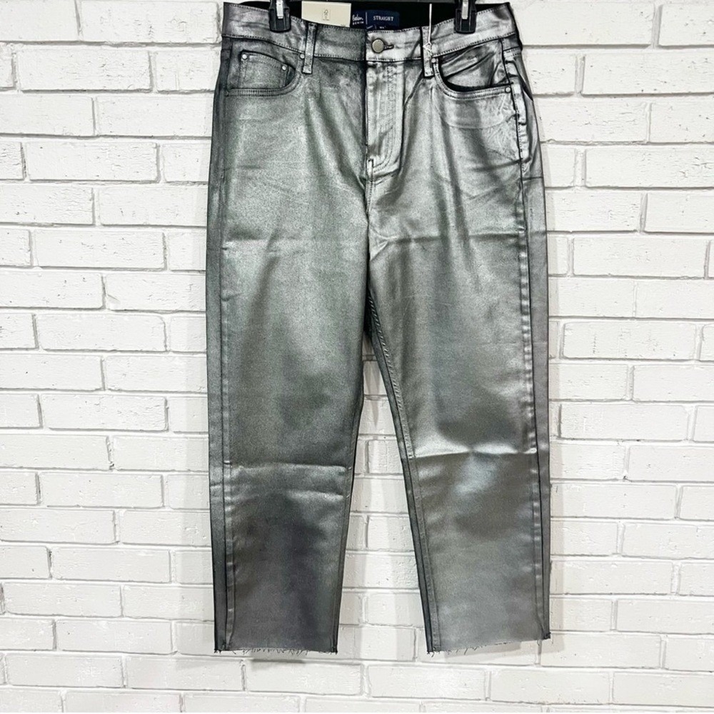 Boden Silver Metallic Foil Coated Crop Jeans Raw Hem Edgy Statement NWT 12